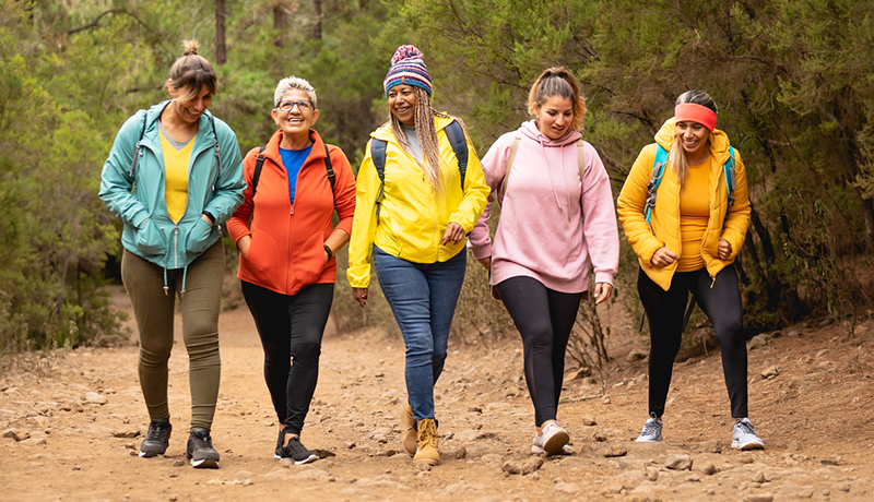 group of middle aged women hiking